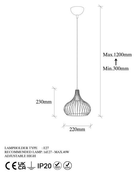 Висящо осветително тяло с метален абажур ø 22 cm Teldemia – Opviq lights
