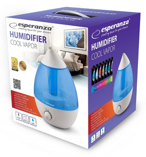 Овлажнител за въздух Esperanza EHA005, 25W, 2.6 л, 3 нива, 300 мл/ч, 40 кв/м., Бял/син