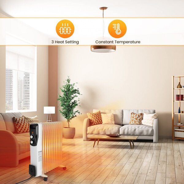 Маслен радиатор Sailnovo NSC-250-11F1, 2500W, 11 ребра, 30 м2, 3 степени, Въртящи се на 360 колелца, 10-35C, Бял