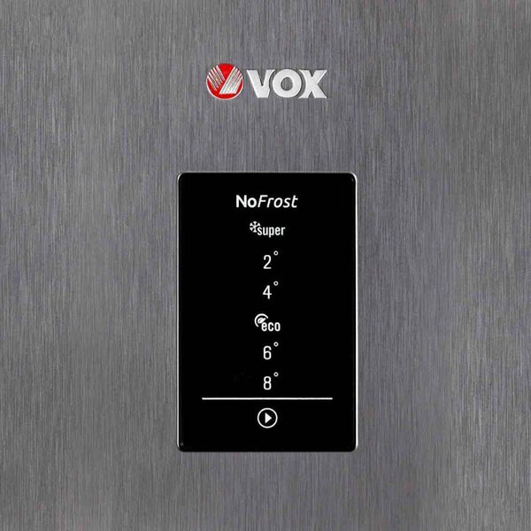 Хладилник VOX NF 3835 IXE, Клас E, Реверсивни врати, No Frost, Диспенсър за вода, Дисплей, R600a, Инокс
