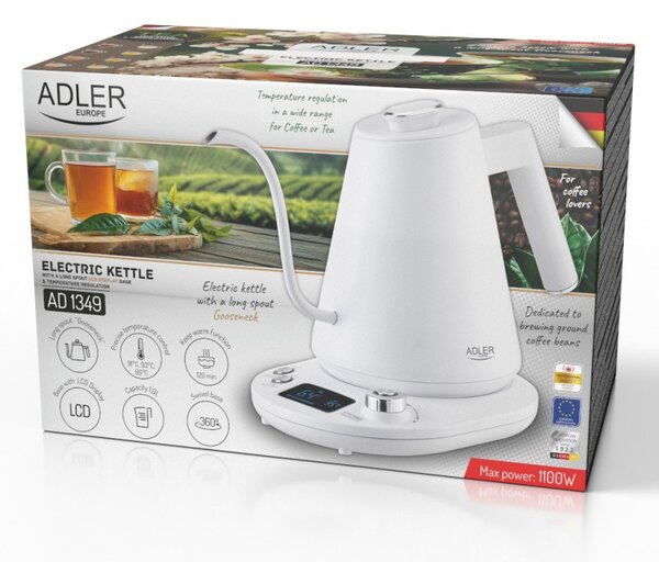Електрическа кана Adler AD 1349W, 1100W, 1 л, 40-100 C, Поддържане на топлината, LED дисплей, Бял