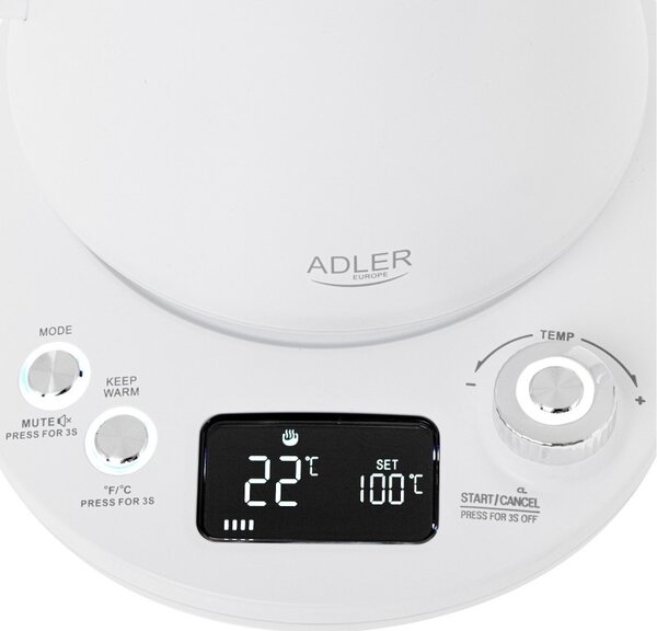 Електрическа кана Adler AD 1349W, 1100W, 1 л, 40-100 C, Поддържане на топлината, LED дисплей, Бял