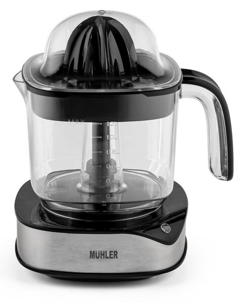 Цитрус преса Muhler MJ-4020, 40 W, 1.2 л, Двупосочно движение, Индикаторна лампа, 2 конуса, Черен/Инокс