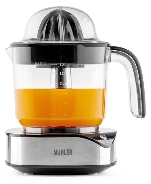 Цитрус преса Muhler MJ-4020, 40 W, 1.2 л, Двупосочно движение, Индикаторна лампа, 2 конуса, Черен/Инокс