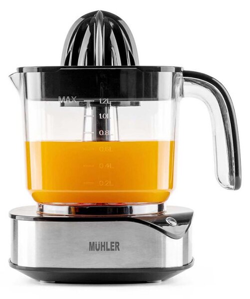 Цитрус преса Muhler MJ-4020, 40 W, 1.2 л, Двупосочно движение, Индикаторна лампа, 2 конуса, Черен/Инокс