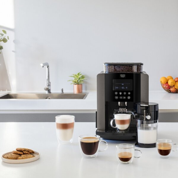 Кафеавтомат Krups Arabica Latte EA819E10, 1450W, 15 bar, 1.7 l, LCD, 5 програми, 3 функции, 3 настройки за темп. и аромат, Milk Comfort / One Touch Cappuccino, Черен