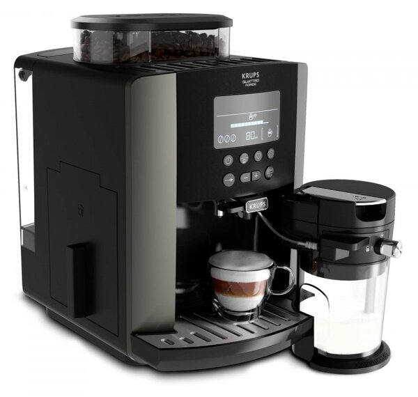 Кафеавтомат Krups Arabica Latte EA819E10, 1450W, 15 bar, 1.7 l, LCD, 5 програми, 3 функции, 3 настройки за темп. и аромат, Milk Comfort / One Touch Cappuccino, Черен