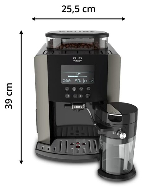 Кафеавтомат Krups Arabica Latte EA819E10, 1450W, 15 bar, 1.7 l, LCD, 5 програми, 3 функции, 3 настройки за темп. и аромат, Milk Comfort / One Touch Cappuccino, Черен