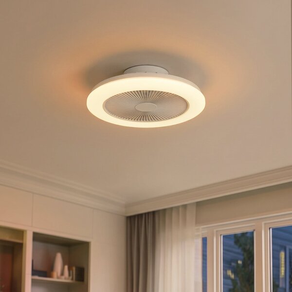 Lindby LED тавански вентилатор Vedin, бял, DC, Ø 45 см, RGBW, Затъмняване, Бял, Дневна/трапезария, Пластмаса, Модерен