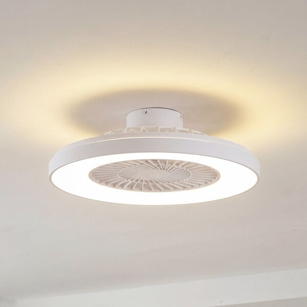 Lindby LED тавански вентилатор Teleo, Ø 58 см, бял, DC, Tuya, Затъмняване, Бял, Дневна/трапезария, Пластмаса, Модерен