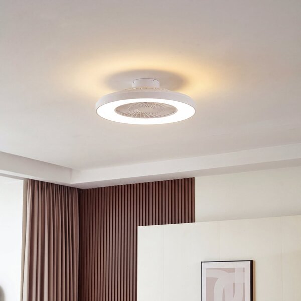 Lindby LED тавански вентилатор Teleo, Ø 58 см, бял, DC, Tuya, Затъмняване, Бял, Дневна/трапезария, Пластмаса, Модерен