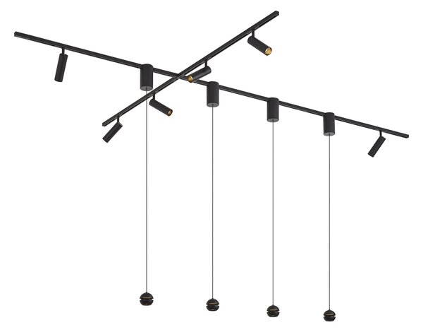 Модерна релсова система черна с 6 прожектора и 4 висящи лампи Easylift 1-фазна - Slimline Uzzy Tira