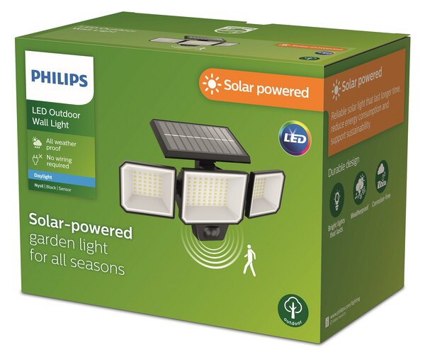 Philips LED слънчева стенна лампа Nysil, 3-пламъчна, сензор, Черен, Пластмаса, Модерен