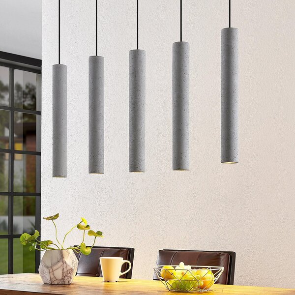 Lindby Висяща лампа Concretto, 100 cm, сива, 5 светлини, бетон, Затъмняване, Сив, Дневна/трапезария, Бетон, Модерен