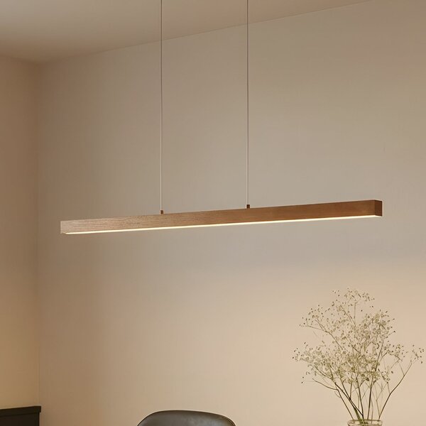 Lucande LED висяща лампа Nihalo, дърво, 122 cm, димируема, CCT, Затъмняване, Дърво, Дневна/трапезария, Дървесина, Модерен