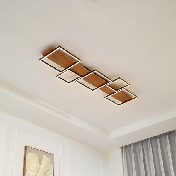 Lindby LED лампа за таван Galad, черна, дърво, 5 светлини, 140 cm, Затъмняване, Дърво, Дневна/трапезария, Дървесина, Модерен, Директен ъглов таван