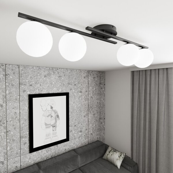 EMIBIG LIGHTING Таванска лампа Кайро, черна/опал, дължина 87 см, 4-крилна., Затъмняване, Черен, Дневна/трапезария, Метал, Модерен