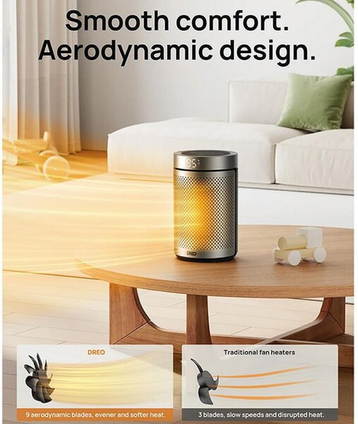 Вентилаторна печка DREO Atom 416, 1500 W, До 20 м2, 5 режима, HeatShield360, Таймер, Сив/Черен