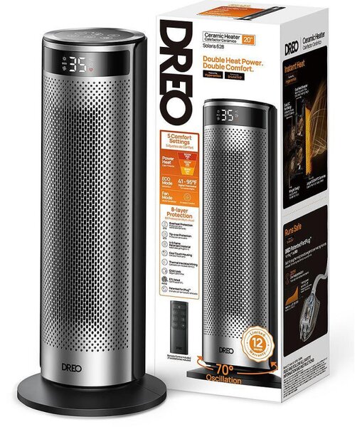 Вентилаторна печка DREO Solaris 628, 2000W, До 25 м2, 5 режима, 5-35C, HeatShield360, Таймер, Черен/Сив