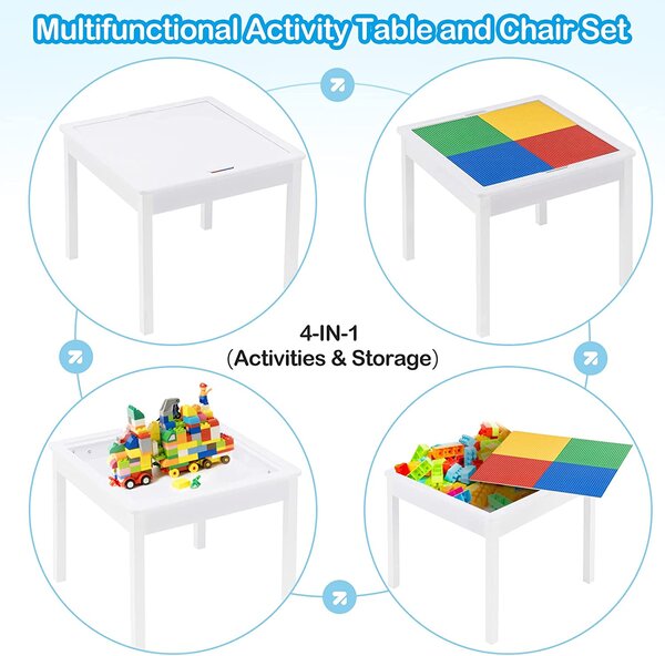 Детска Маса с 2 Столчета, Двустранна, Комплект от Дърво за Учене, Рисуване, Писане, Редене на Конструктори тип LEGO - WHITE/GRAY