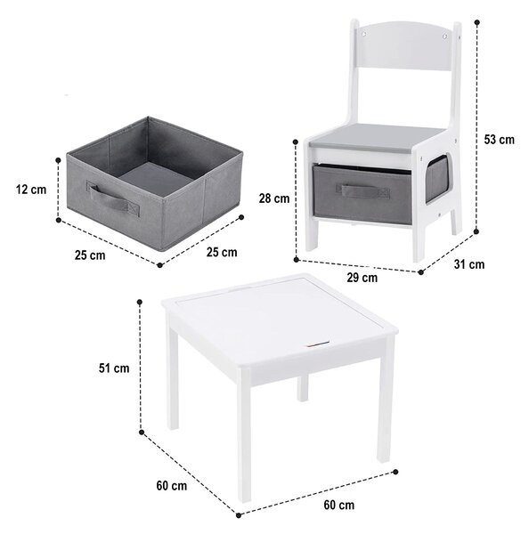 Детска Маса с 2 Столчета, Двустранна, Комплект от Дърво за Учене, Рисуване, Писане, Редене на Конструктори тип LEGO - WHITE/GRAY