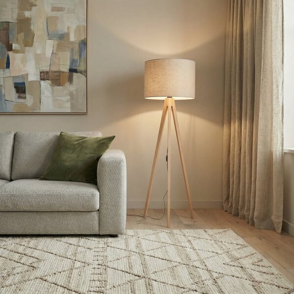 TK Lighting Стелажна лампа Grand, бежова/бор, височина 145 cm, E27, Дърво, Дневна/трапезария, Дървесина, Модерен, Триножник
