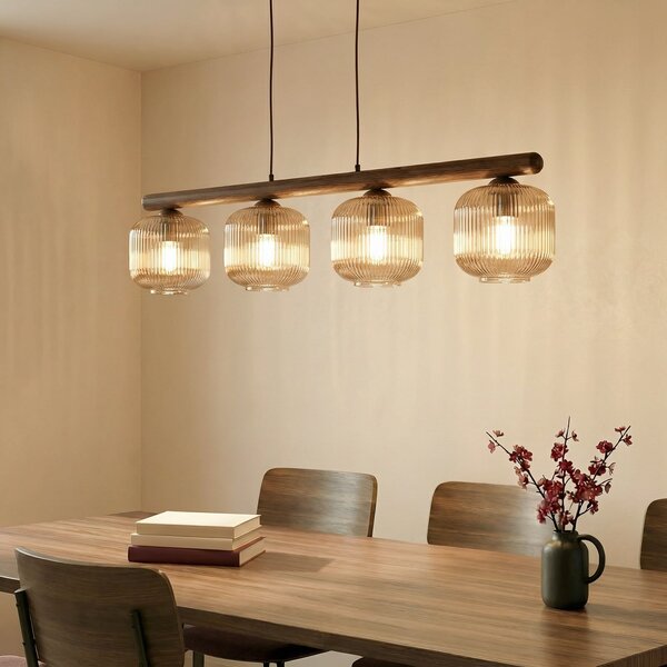 TK Lighting Висяща лампа Salvia, кафяво/коняк, стъкло, дължина 95 cm, E14, Затъмняване, Дърво, Дневна/трапезария, Стъкло