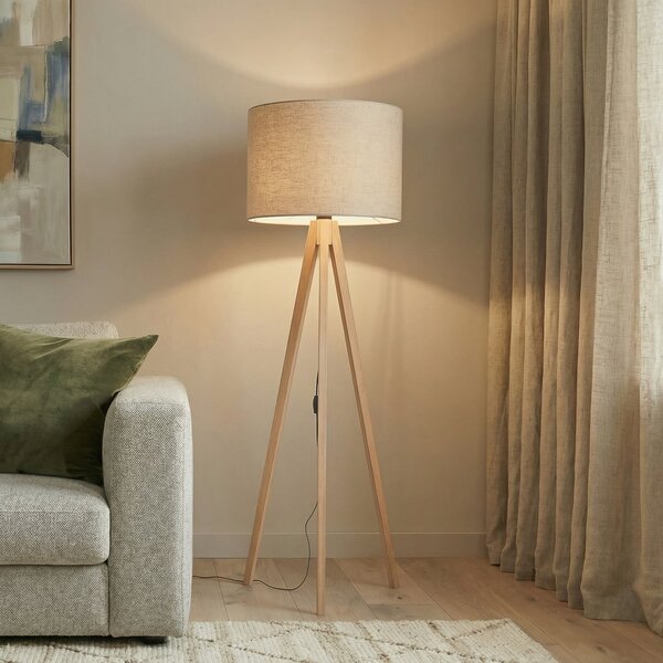 TK Lighting Стелажна лампа Grand, бежова/бор, височина 145 cm, E27, Дърво, Дневна/трапезария, Дървесина, Модерен, Триножник
