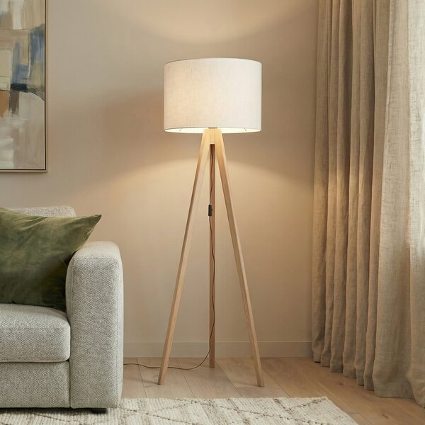 TK Lighting Стелажна лампа Grand, крем/бор, височина 145 cm, E27, Дърво, Дневна/трапезария, Дървесина, Модерен, Триножник