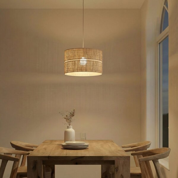 TK Lighting Висяща лампа Calma, 1-пламъчна, бежова, рафия, Ø 50 cm, E27, Затъмняване, Бежов, Дневна/трапезария, Други материали