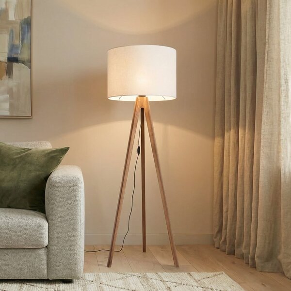 TK Lighting Стелажна лампа Grand, крем/орех, височина 145 cm, E27, Дърво, Дневна/трапезария, Дървесина, Модерен, Триножник