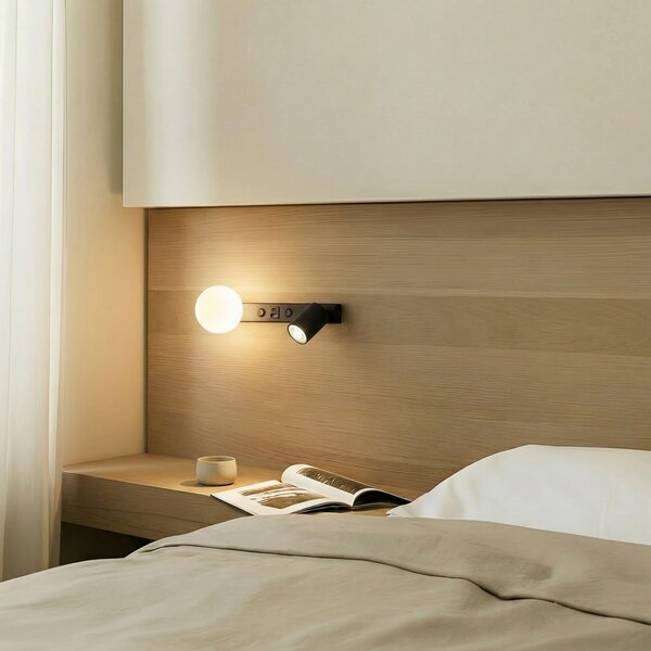 TK Lighting Стенна лампа Vox, черна, стъкло, ширина 35 cm, USB, Затъмняване, Черен, Дневна/трапезария, Стъкло