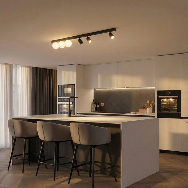 TK Lighting Таванска лампа Vox, 6-пламъчна, стъкло, черна, дължина 159 cm, Затъмняване, Черен, Дневна/трапезария, Стъкло