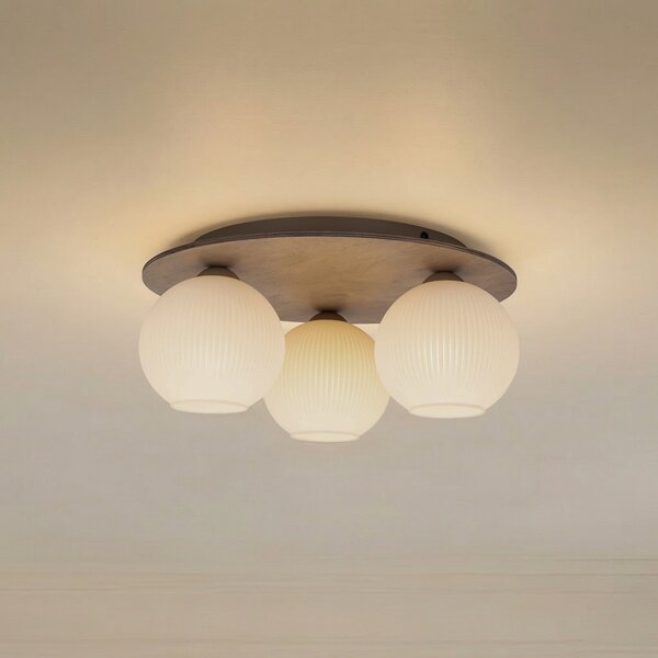 TK Lighting Таванска лампа Virlo, 3-пламъчна, опалово стъкло, дърво, Ø 42 cm, Затъмняване, Дърво, Дневна/трапезария, Стъкло