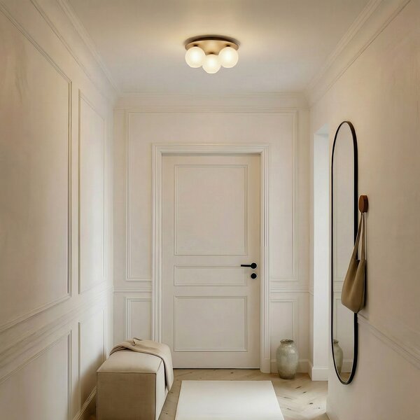 TK Lighting Таванска лампа Virlo, 3-пламъчна, опалово стъкло, дърво, Ø 42 cm, Затъмняване, Дърво, Дневна/трапезария, Стъкло