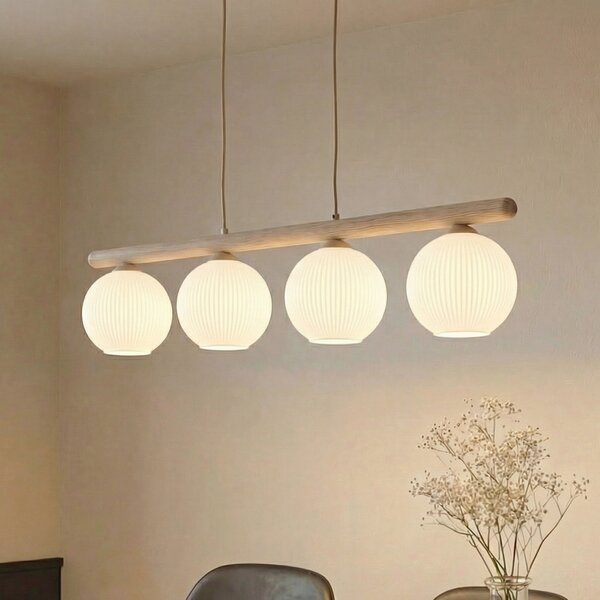 TK Lighting Висяща лампа Virlo, 4-пламъчна, дърво, опалово стъкло, дължина 95 cm, Затъмняване, Бял, Дневна/трапезария, Стъкло