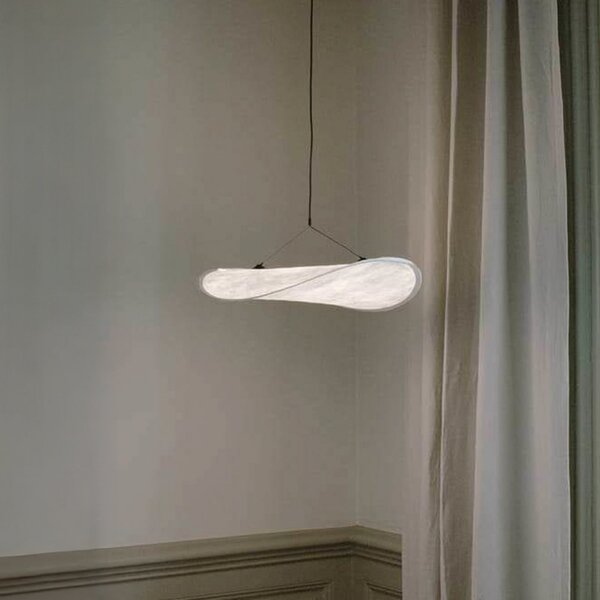 New Works LED висяща лампа Tense от Works, Ø 55 см, бяла, с регулиране на яркостта, Затъмняване, Бял, Дневна/трапезария, Плат / текстил, Скандинавски