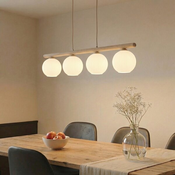 TK Lighting Висяща лампа Virlo, 4-пламъчна, дърво, опалово стъкло, дължина 95 cm, Затъмняване, Бял, Дневна/трапезария, Стъкло