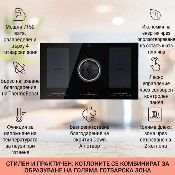 Klarstein Full House Down Air System, индукционна печка + DownAir-аспиратор, 655 м³/ч, клас на енергийната ефективност A