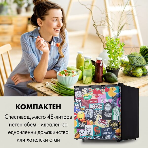 Klarstein Cool Vibe 46+, хладилник, 46 л, 1 рафт, стил Stickerbomb