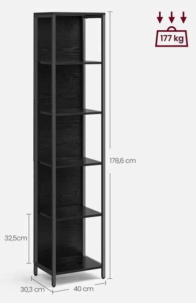 Книжна лавица с регулируемо LED осветление, Barnet, черна, 30,3x40x178,6 см