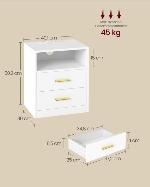 Нощно шкафче с контакти, USB и LED, Custos, бяло, 30x40,1x50,2 см