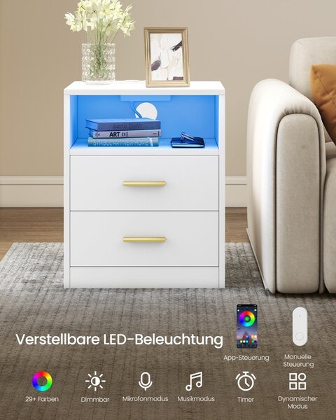 Нощно шкафче с контакти, USB и LED, Custos, бяло, 30x40,1x50,2 см