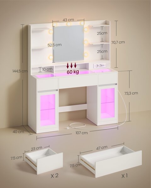 Тоалетка с LED осветление, контакти и стъклен плот, Kailyn, бяла, 107x40x144,5 см