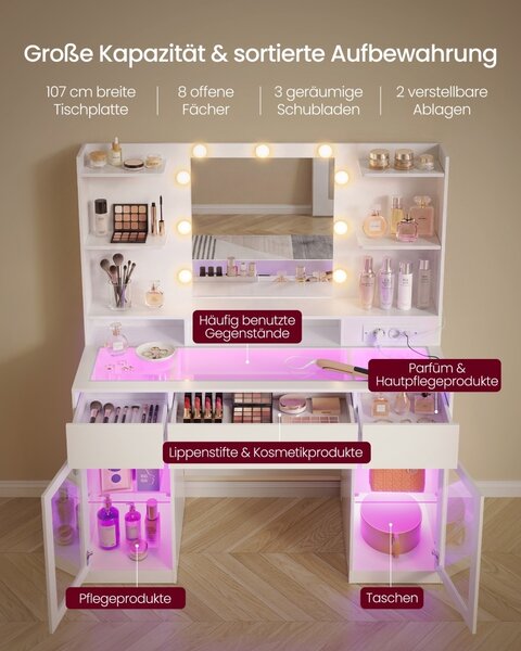 Тоалетка с LED осветление, контакти и стъклен плот, Kailyn, бяла, 107x40x144,5 см