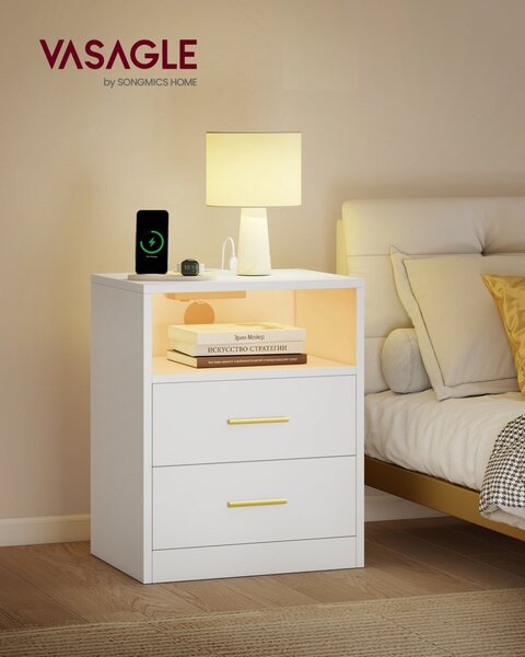 Нощно шкафче с контакти, USB и LED, Custos, бяло, 30x40,1x50,2 см