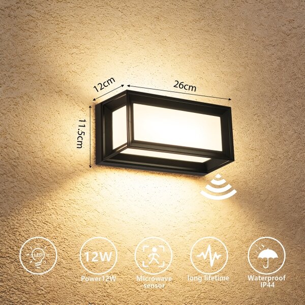 Brilagi - LED външно стенно осветително тяло със сензор PARKER LED/12W/230V черно IP44