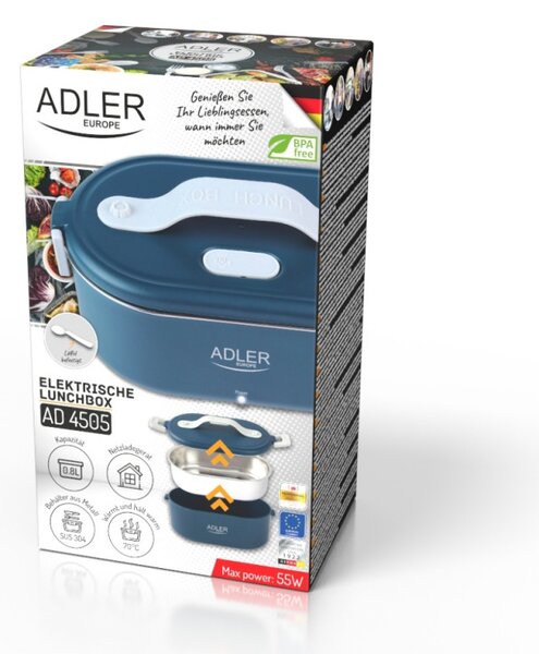 Електрическа кутия за обяд Adler AD 4505, 800 ml, До 70C, Стоманен съд за храна, Син