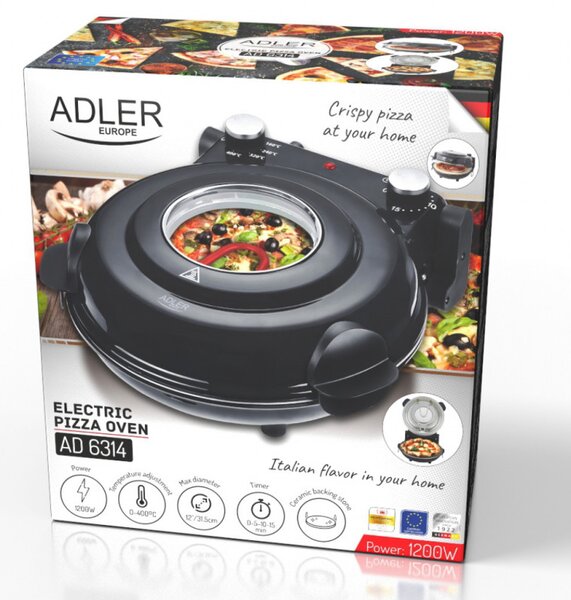 Електрическа фурна за пица Adler AD 6314, 1200W, 31.5 см, До 400C, 5 настройки на температурата, Таймер, Черен
