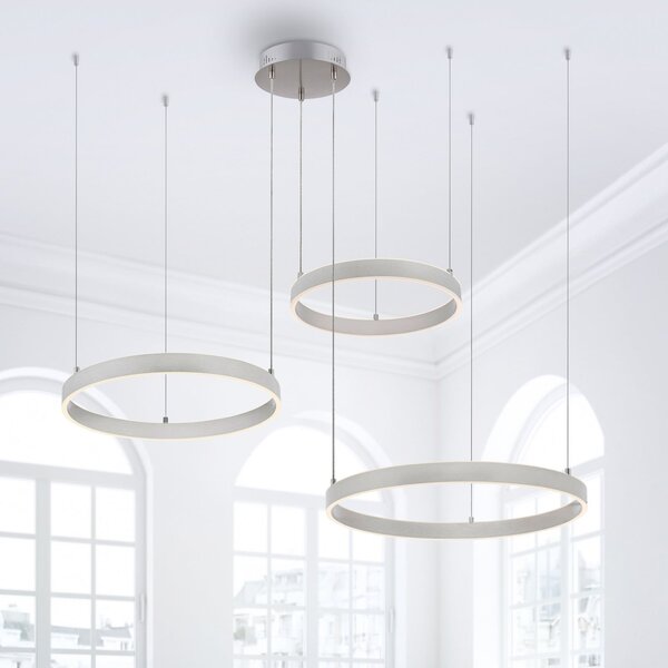 JUST LIGHT. GmbH LED висяща лампа Lilluti, сребриста, желязо, алуминий, 3 пръстена, Затъмняване, Металик, Дневна/трапезария, Метал, Модерен
